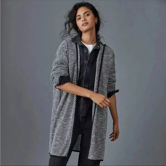Anthropologie Maeve Bedford Black Herringbone Hooded Cardigan Sweater Size XS - Picture 1 of 7